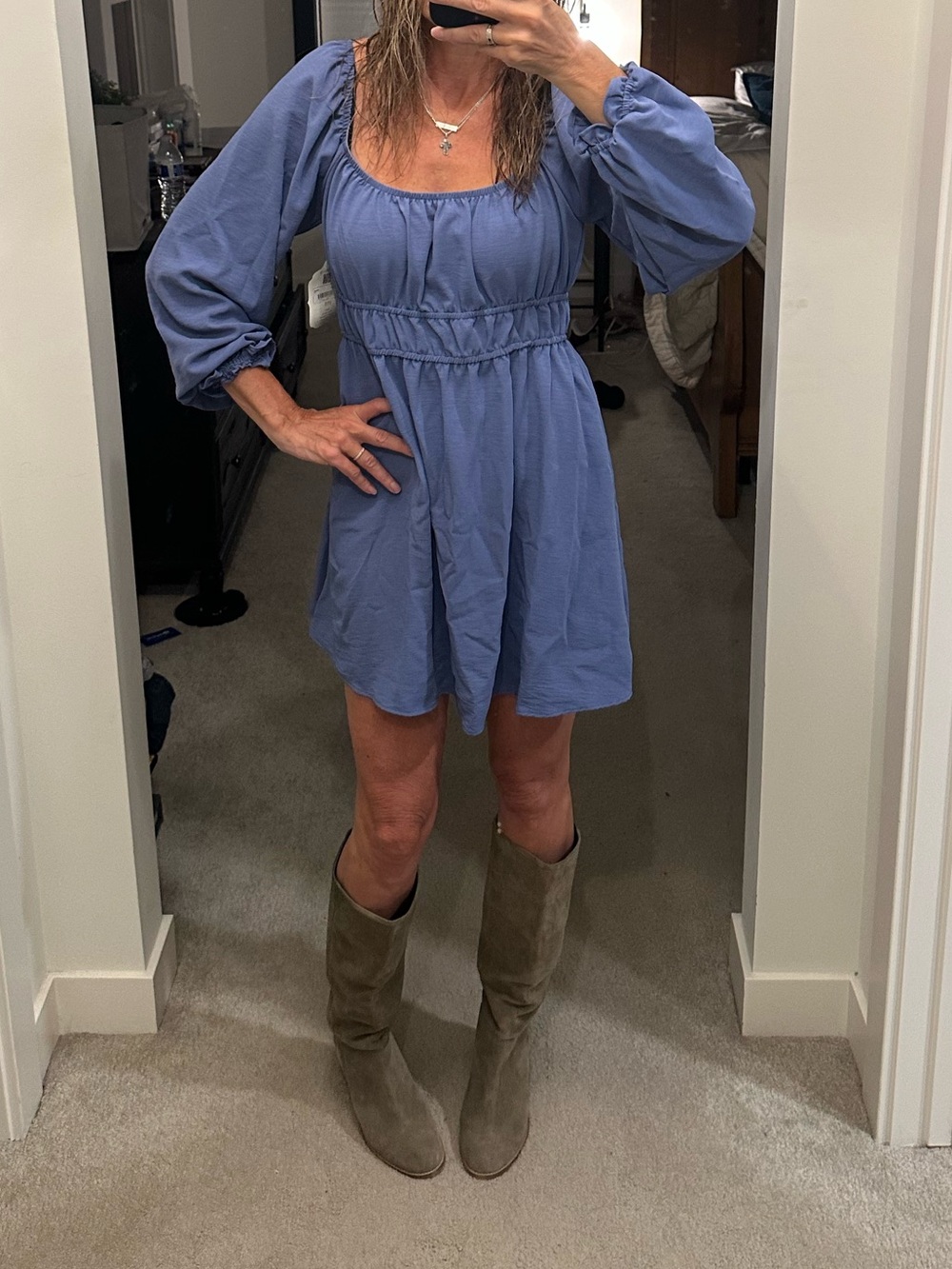 Altar’d State Blue Long-Sleeve Smocked Waist Mini Dress Sz M